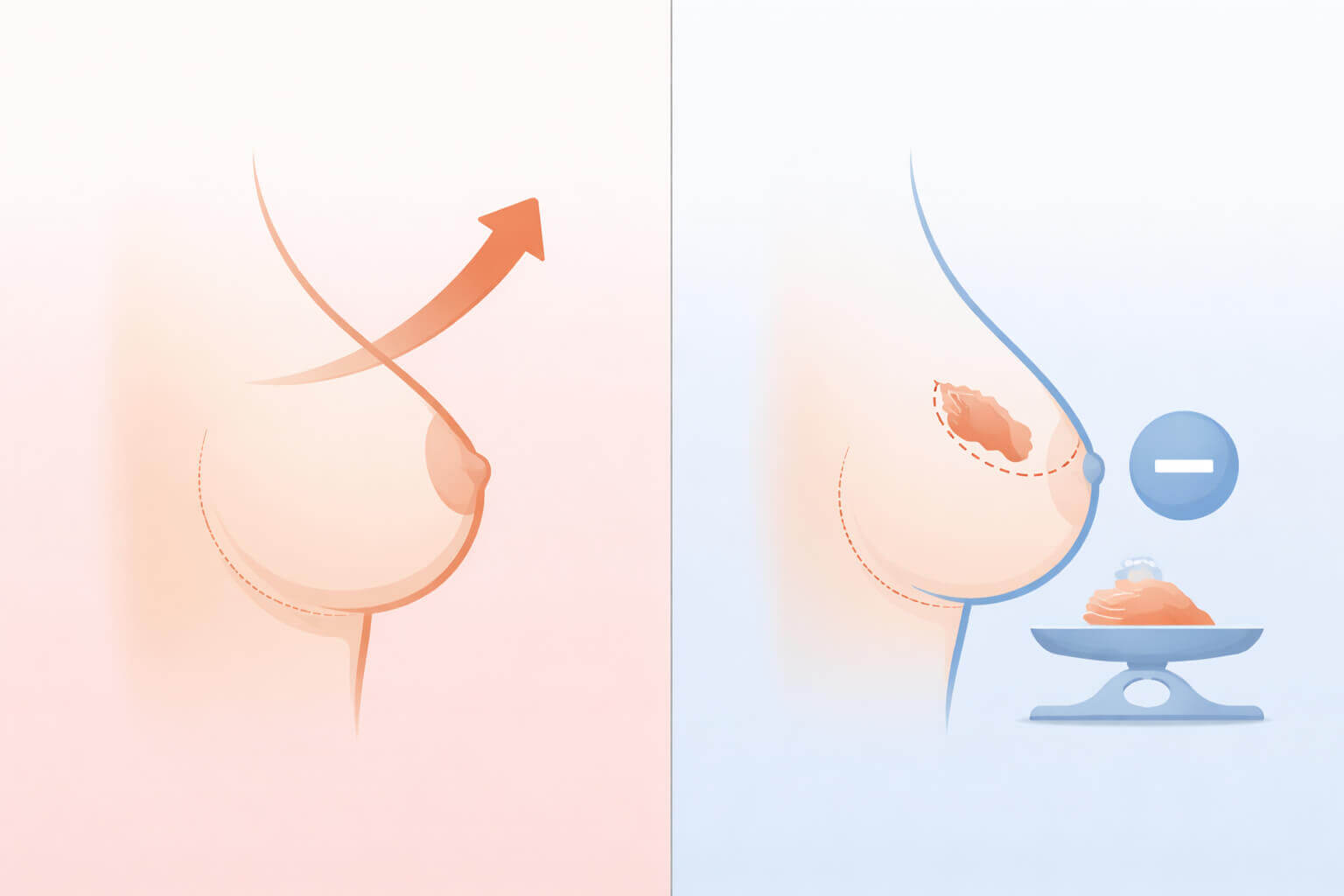 Side-by-side comparison illustrating the difference between breast lift and breast reduction and why insurance coverage differs between the two procedures
