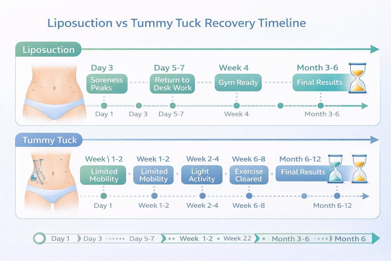 Visual timeline infographic comparing liposuction recovery milestones from day 1 to month 6 against tummy tuck recovery milestones from day 1 to month 12