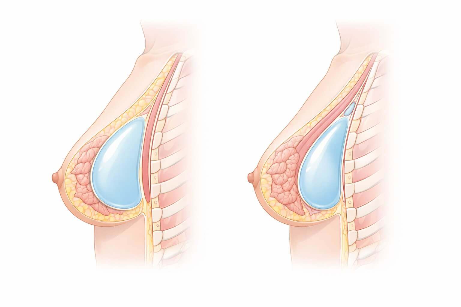 Anatomical diagram comparing over the muscle (subglandular) and under the muscle (submuscular) breast implant placement showing cross-section view of chest wall, pectoral muscle, breast tissue, and implant position